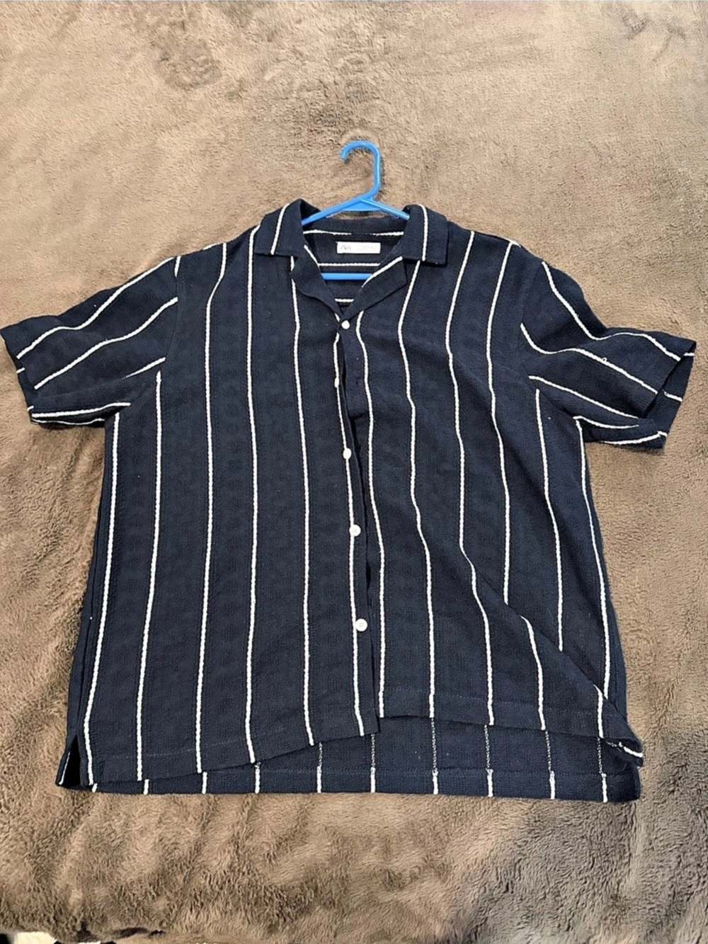 Zara Textured Vertical Stripe Short Sleeve Shirt Blue & White